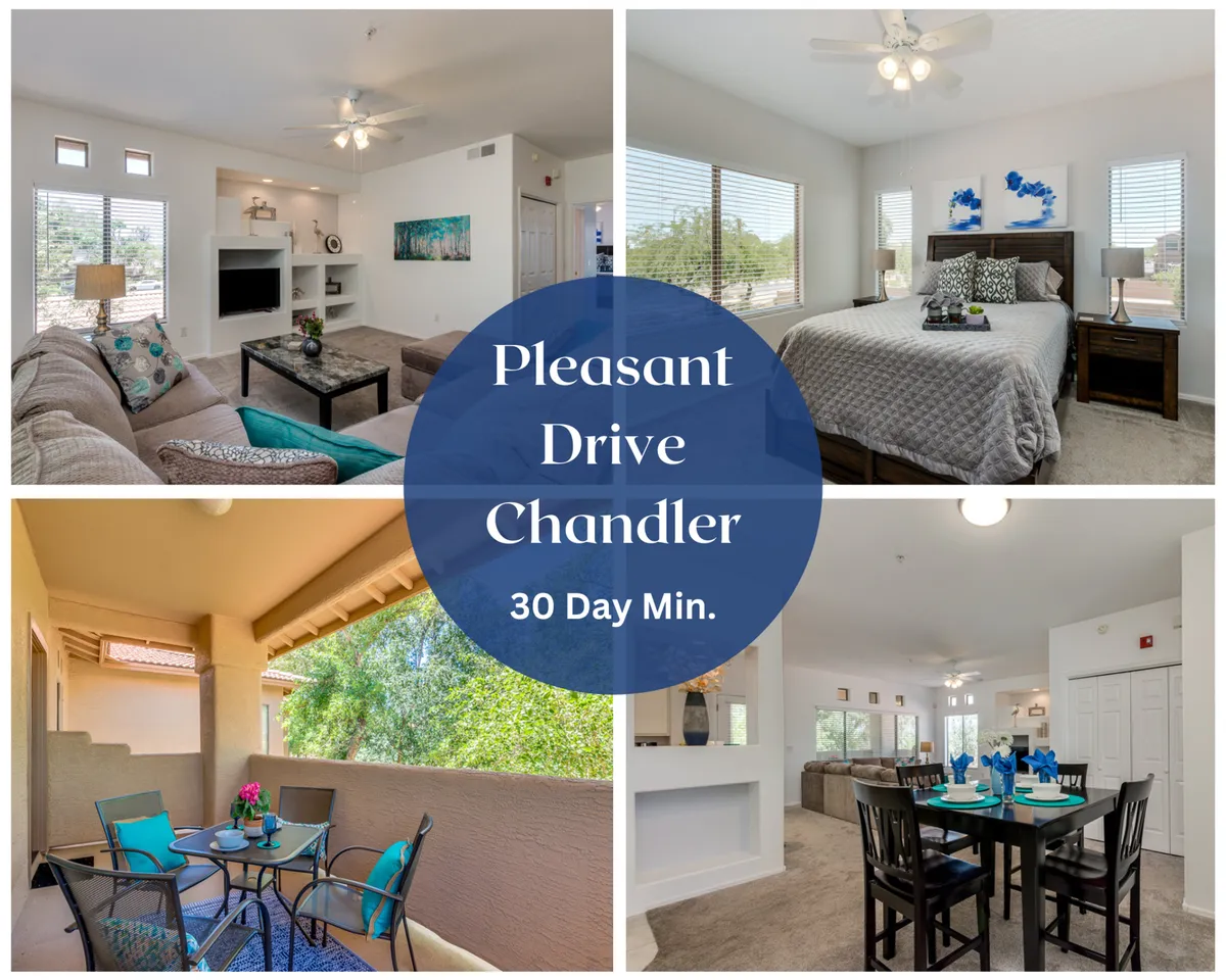 The image showcases a bright and stylish open-concept living area featuring a plush sectional couch, a modern dining table set for a meal, and a glimpse of a lush outdoor patio with comfortable seating surrounded by greenery. A tastefully decorated bedroom can be seen beyond, blending comfort and contemporary design.